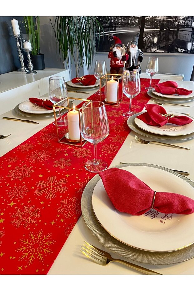 New Year Themed Red Runner Christmas Table New Year's Table Runner (Napkin Not Included) - 6
