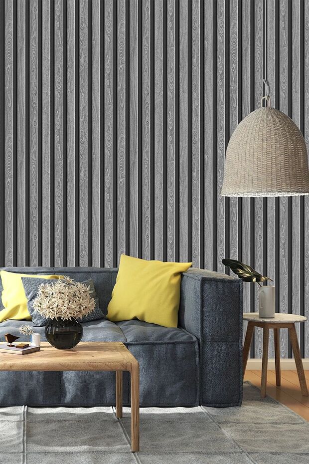 Exclusıve 76005400 Lambri Panel Ahşap Gri Kül Siyah Duvar Çıtası Desenli Duvar Kağıdı 5,30 M² - 1
