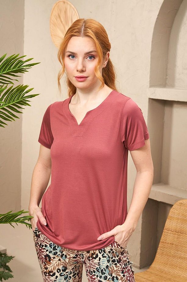 25176 Kadın V Yaka Desenli Kısa Kollu Pijama Takım - 5