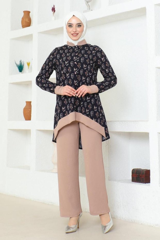 Latte Ethnic Patterned Hijab Set - BRC1313