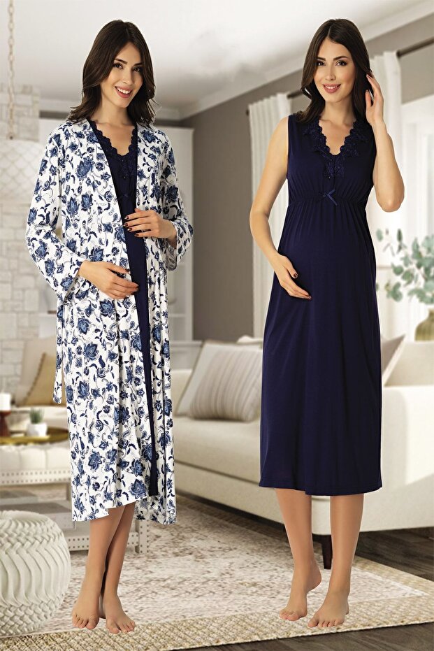 Mayss Collections 8035 Navy Blue Maternity Night Set with Dressing Gown