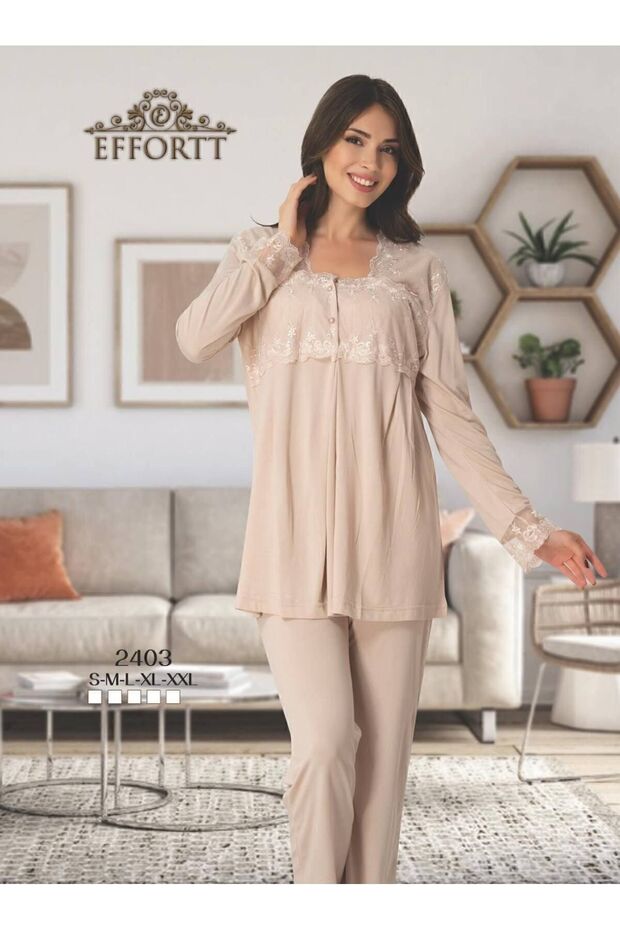 Women's Milk Brown Maternity Top and Bottom Pajama Set