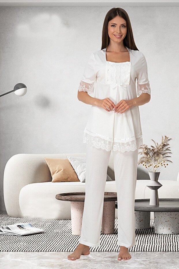 Breastfeeding-Friendly Cotton Maternity Pajama Set – Elastic Waist Effortt - Ecru