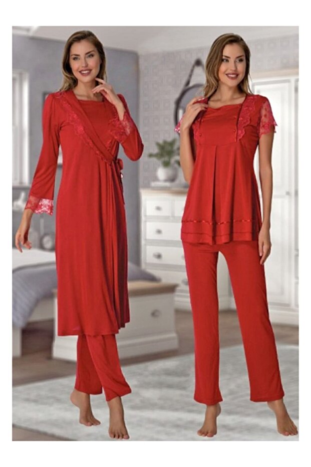 2054 Cherry Lace Detailed Maternity Pajama Set with Dressing Gown