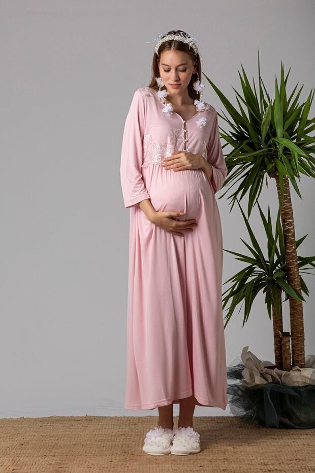 Cotton Comfortable Cut Maternity Nightgown with Breastfeeding Feature Effortt - Pink