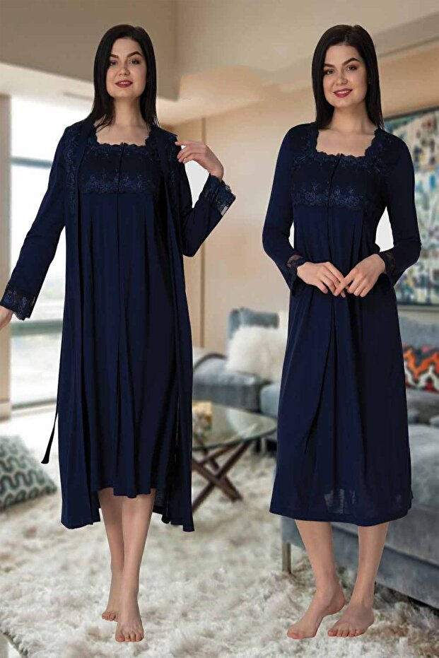 Mayss Collections 2402 Navy Blue Maternity Night Set with Dressing Gown