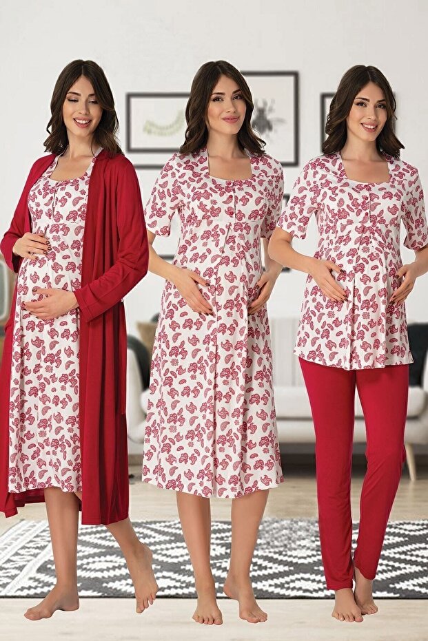 Maternity Pajamas Set Nightgown Dressing Gown Set Effort 8016-Sour Cherry