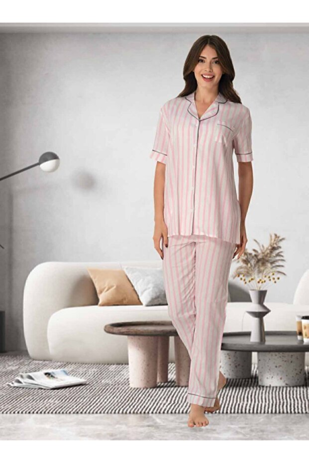 مجموعة Mayss Collections 8065 بيجامة مخططة بأزرار أمامية باللون الوردي
