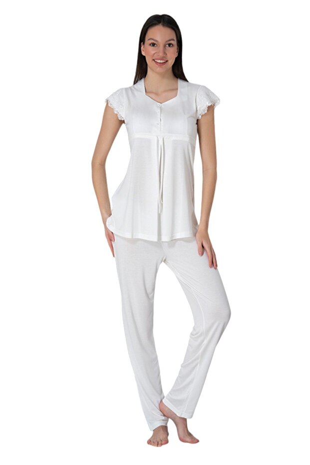 Cotton Maternity and Postpartum Pajama Set with Nursing Features - Elastic Waist - Ecru