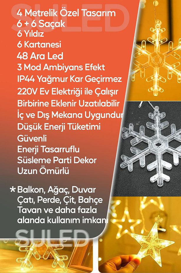 Kar Tanesi Led Sarkıt Oda Parti Kutlama Dekor Süsleme Ledi 3 Metre 3mod 220v Sarı Led Işık - 4