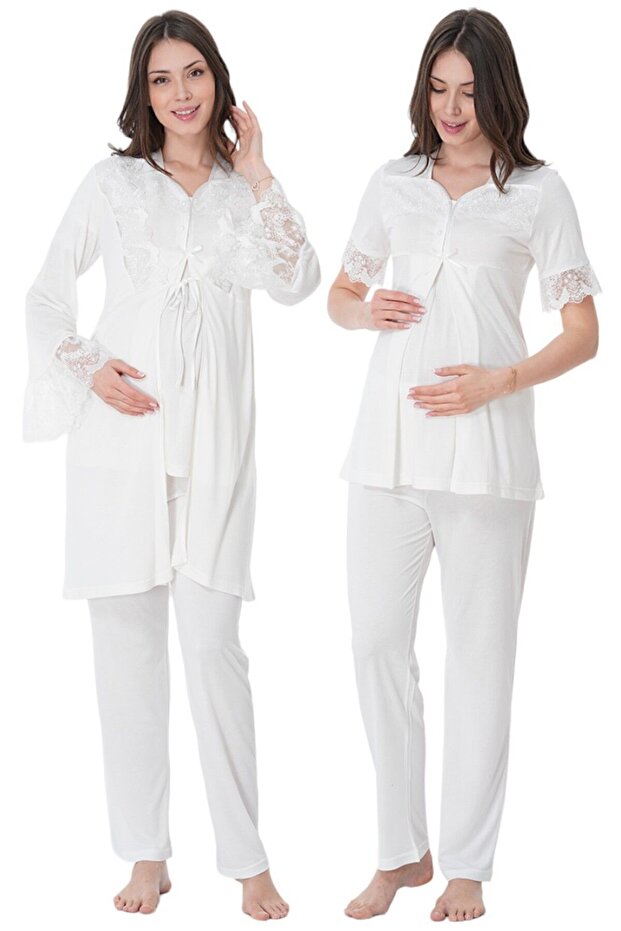 Effortt Ecru Robed Maternity and Postpartum Pajama Set