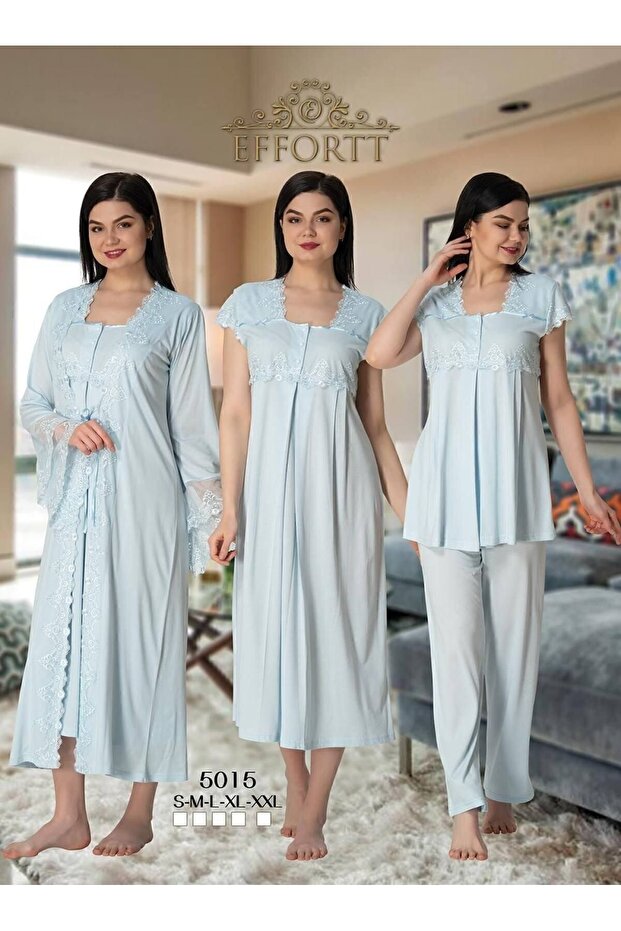 Effort Women's Blue Pajama Set Nightgown Dressing Gown Maternity 4-Piece Set 5015