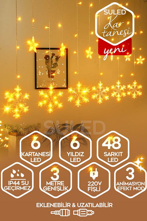 Kar Tanesi Led Sarkıt Oda Parti Kutlama Dekor Süsleme Ledi 3 Metre 3mod 220v Sarı Led Işık - 1
