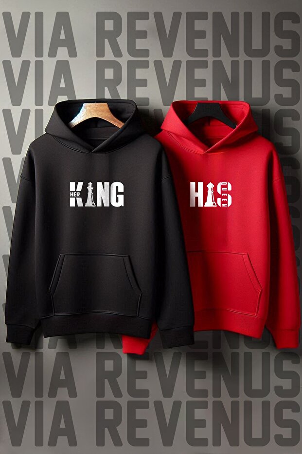 سويت شيرت مطبوع عليه عبارة His King His Queen مقاس كبير