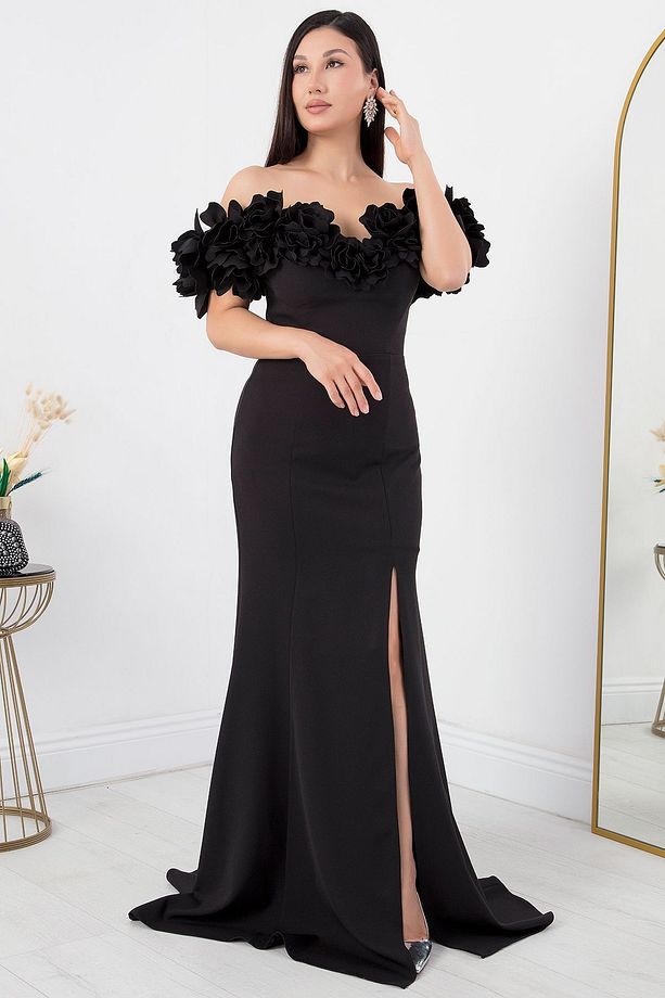 Gül Detaylı Yırtmaçlı Elbise ECR5368 - 4