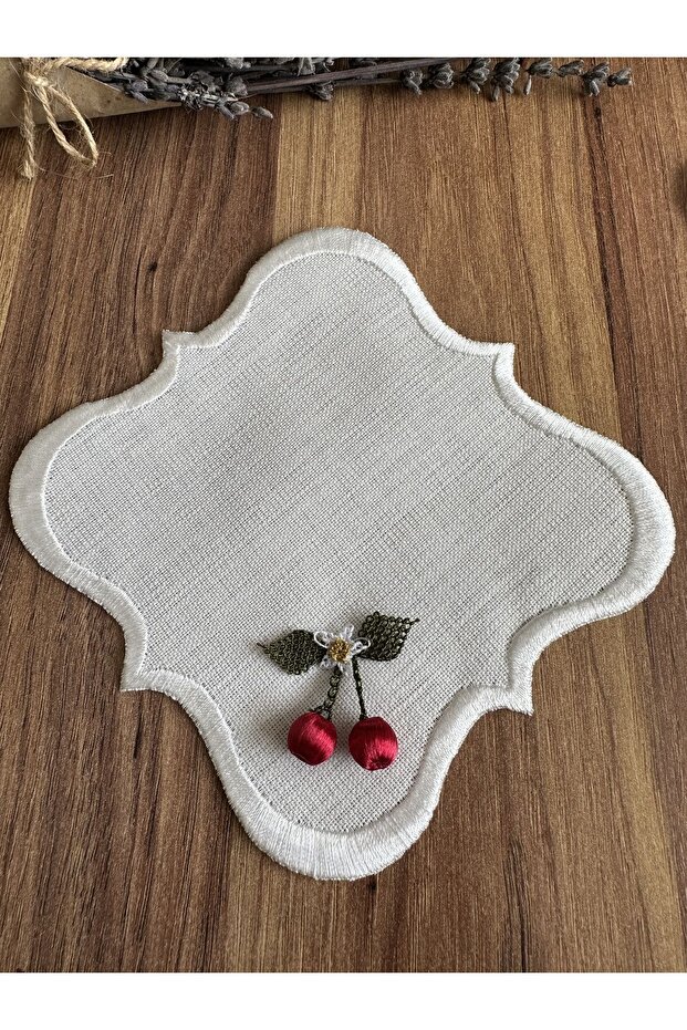 Cherry Pattern Needlework Embroidered Off-White Cocktail Napkin for Coffee Side Servings