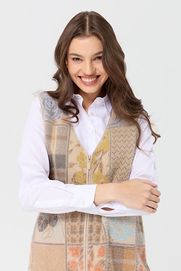 Kadın V Yaka Patchwork Yelek Bej - 2