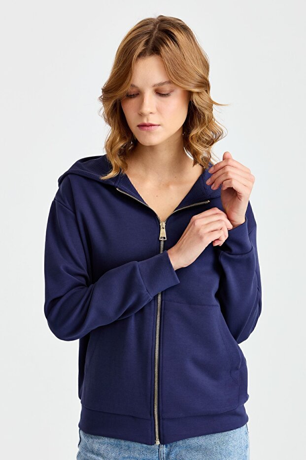 Women's Hooded Mesh Sweat with Side Pockets Navy Blue