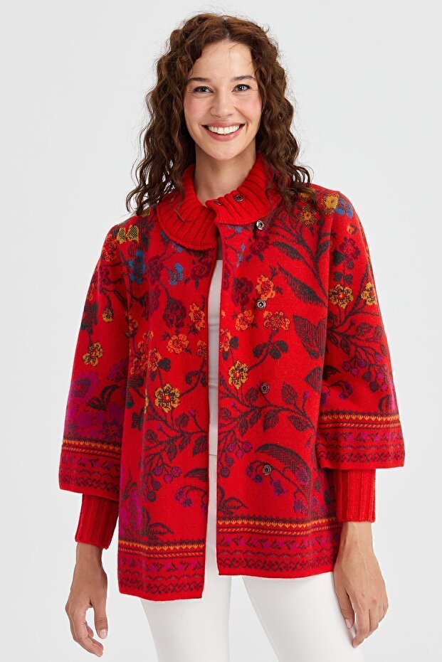 Women's High Collar Ivy Floral Wool Jacket Coral