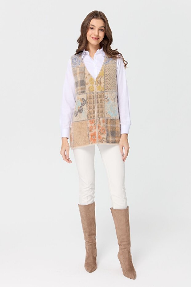 Kadın V Yaka Patchwork Yelek Bej - 4