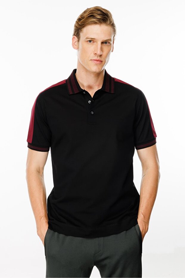 Men's Polo Collar T-Shirt with Shoulder Stripes Black