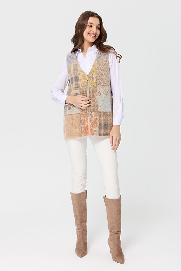 Kadın V Yaka Patchwork Yelek Bej - 5