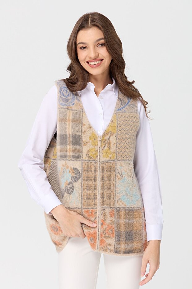 Kadın V Yaka Patchwork Yelek Bej - 6