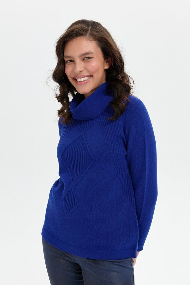 Women's Degaje Collar Seamless Front Thessaloniki Knitted Wool Sweater K.S.Blue