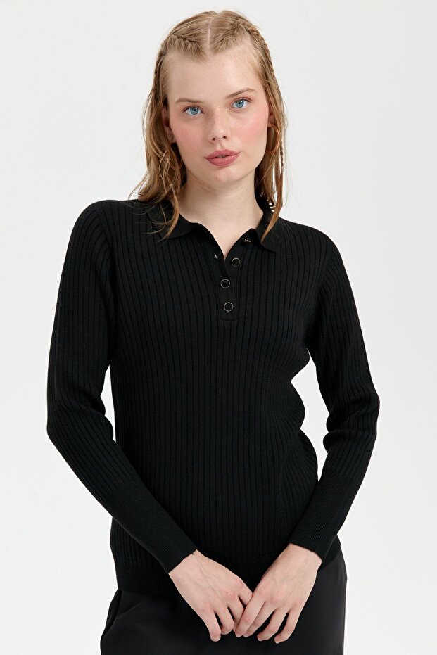 Women's Polo Collar Seamless Sweater Black
