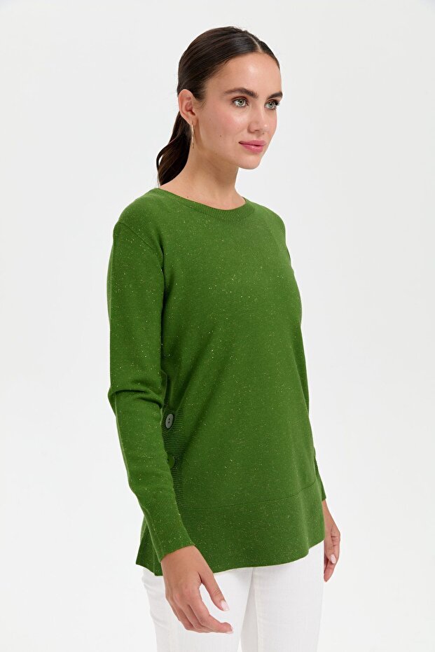 بلوزة لامعة بدون خياطة - رقبة دائرية وأزرار جانبية باللون الأبيض الطحلب - 5