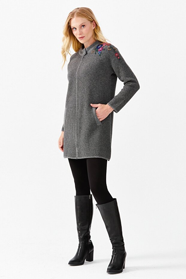 Women's Stand Collar Shoulder Embroidered Long Cardigan Smoked