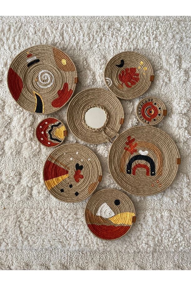 Boho Abstract Aynalı 8'li Afrika Duvar Tabak Seti - 1