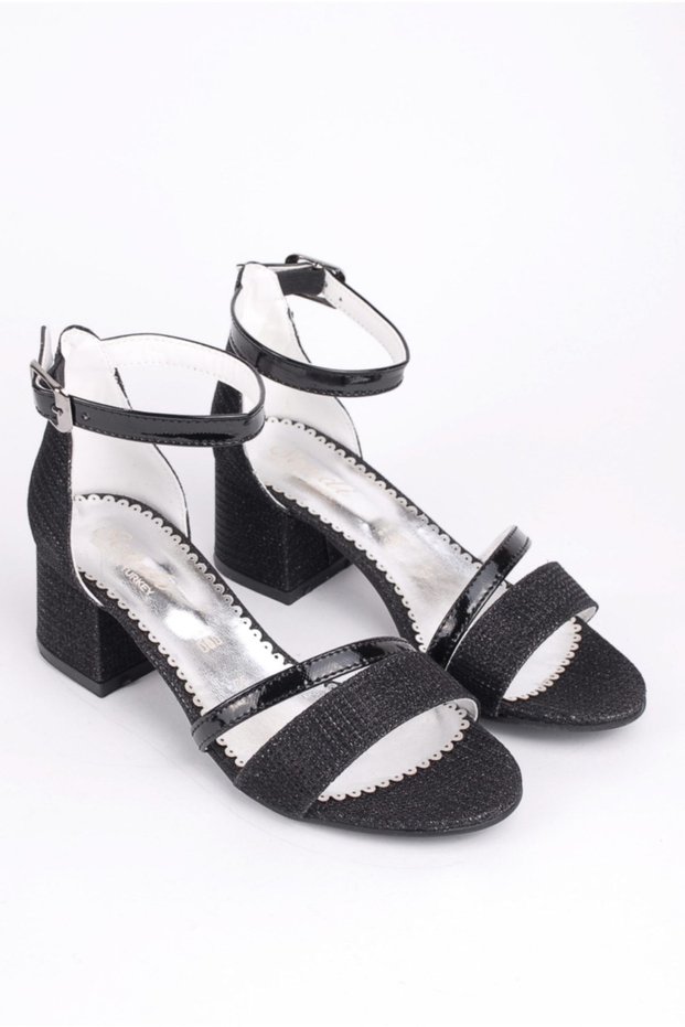 Girl's Black Ankle Buckle Heeled Evening Dress Shoes
