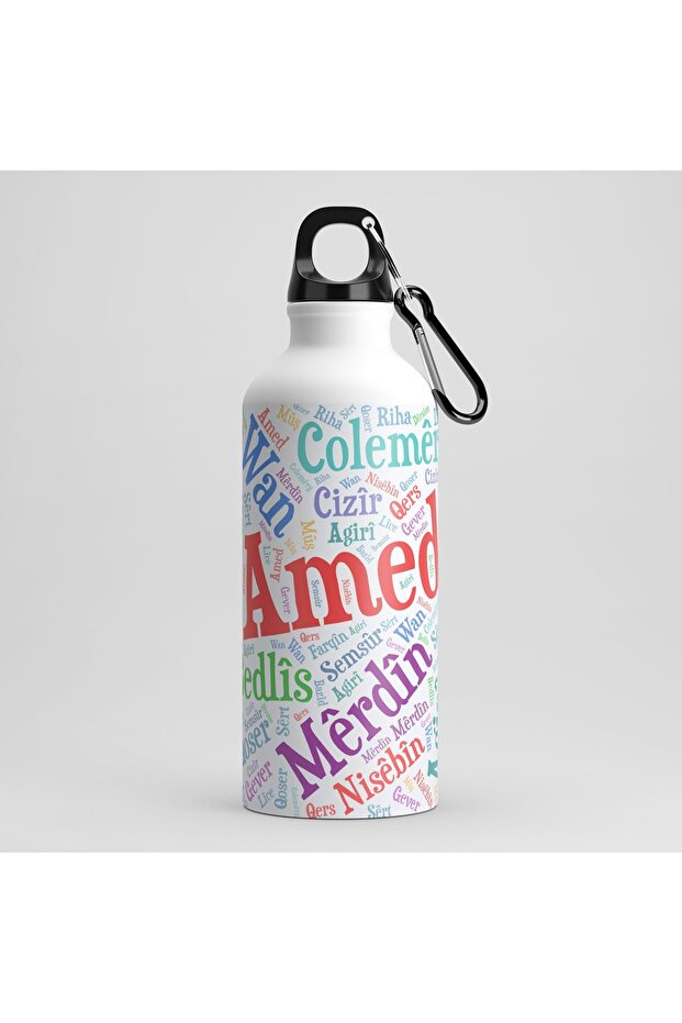 Kurdish City Names Designed Water Bottle with Hook - 600 ml