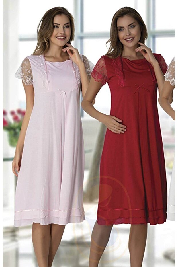 2052 Pink Red Maternity Nightgown Set