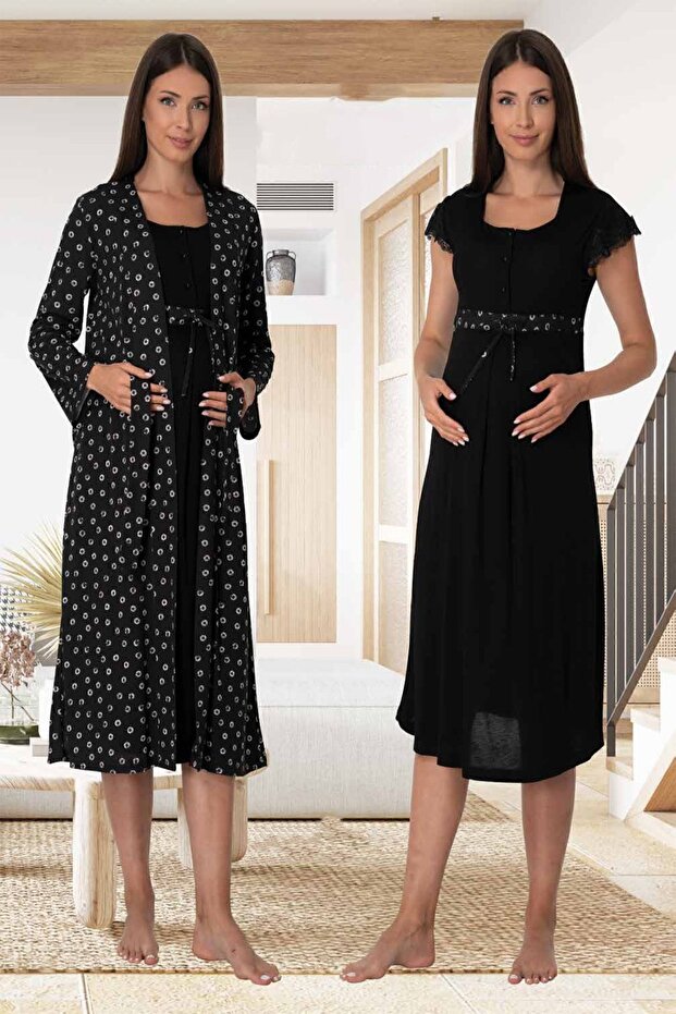 Mayss Collections 6015 Black Maternity Night Set with Dressing Gown