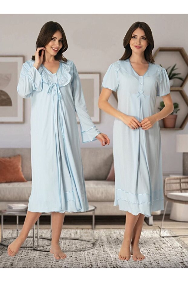 Short Sleeve Maternity Nightgown Dressing Gown Set 8025-blue