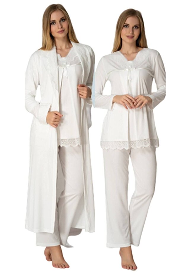 Effortt Ecru Maternity Pajama Set with Dressing Gown