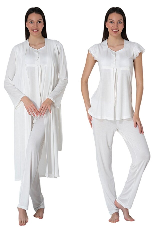 Effortt Ecru Maternity Pajama Set with Dressing Gown