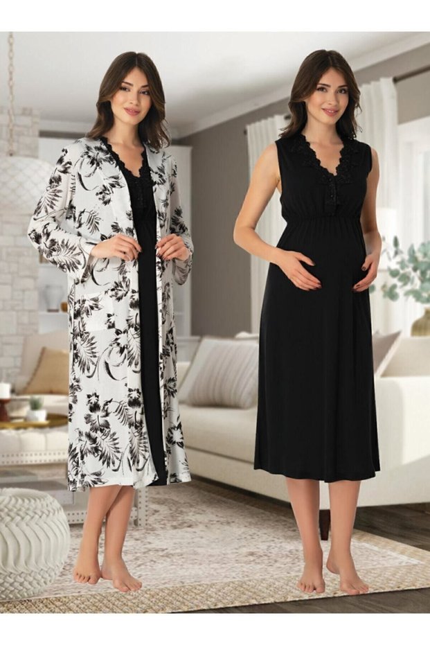 Effort Women's Black Pregnant Maternity Nightgown Dressing Gown Set 8035