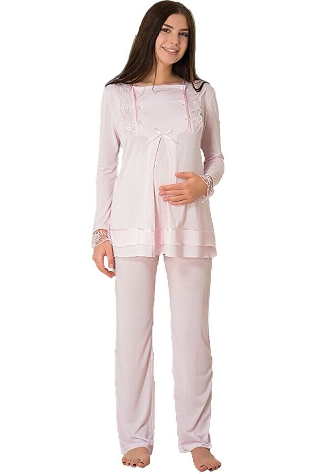 Powder Waist Adjustable Long Sleeve Maternity Pajama Set