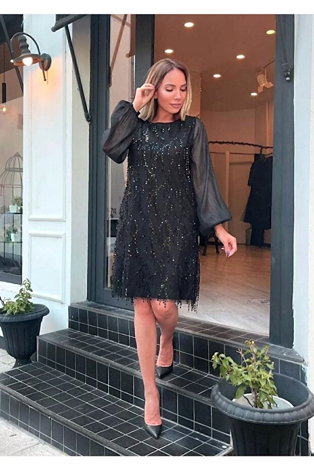 فستان سهرة أسود مزين بالترتر مقاس كبير، عصري