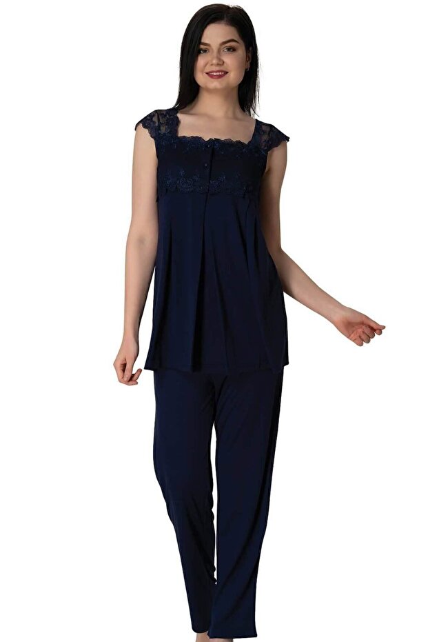 Cotton Comfortable Cut Maternity Pajama Set with Breastfeeding Feature Effortt - Navy Blue