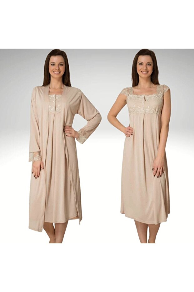 Maternity Nightgown with Beige Dressing Gown