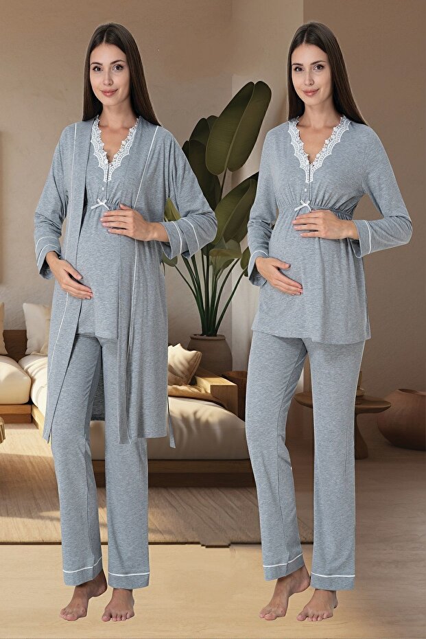 Effortt Gray Maternity Pajamas Set with Dressing Gown