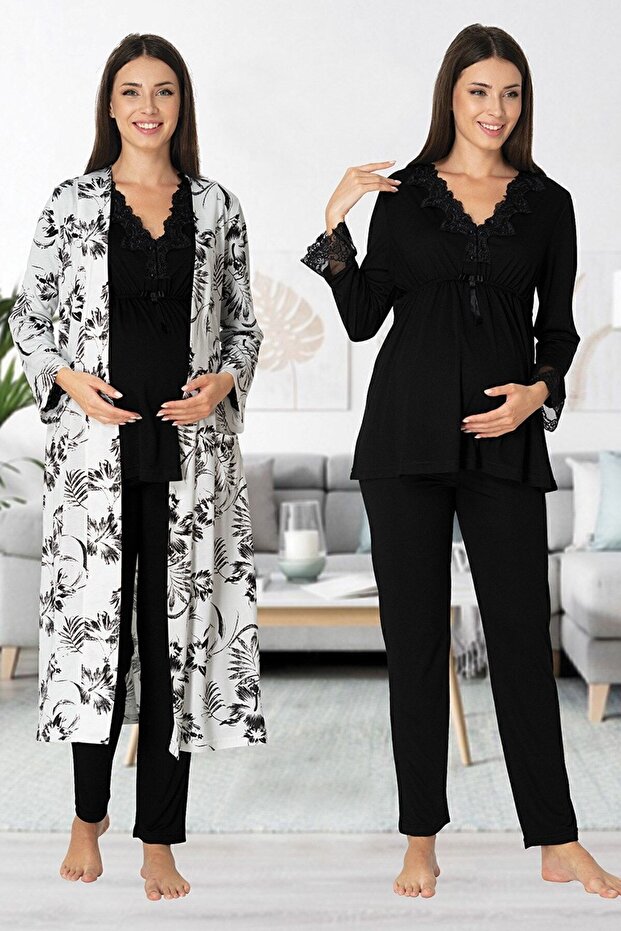 Black Patterned Maternity Pajamas Set with Dressing Gown