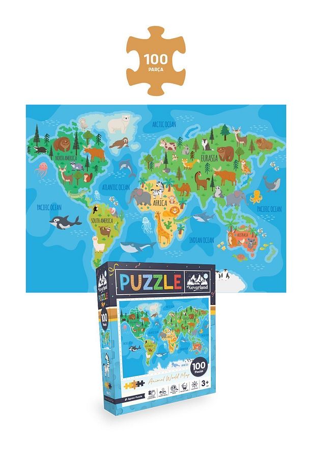 3 ADET PUZZLE - 24 P.SEVİMLİ DİNOZORLAR ve 50 P. HAYVANLARLA OTOBÜS ve 100 P. HAYVAN DÜNYA HARİTASI - 4