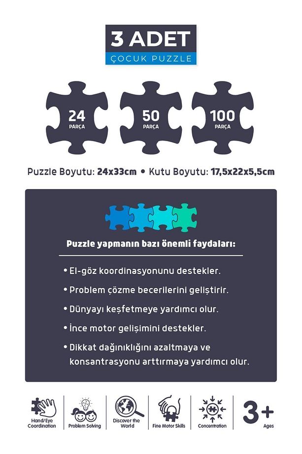3 ADET PUZZLE - 24 P.SEVİMLİ DİNOZORLAR ve 50 P. HAYVANLARLA OTOBÜS ve 100 P. HAYVAN DÜNYA HARİTASI - 5
