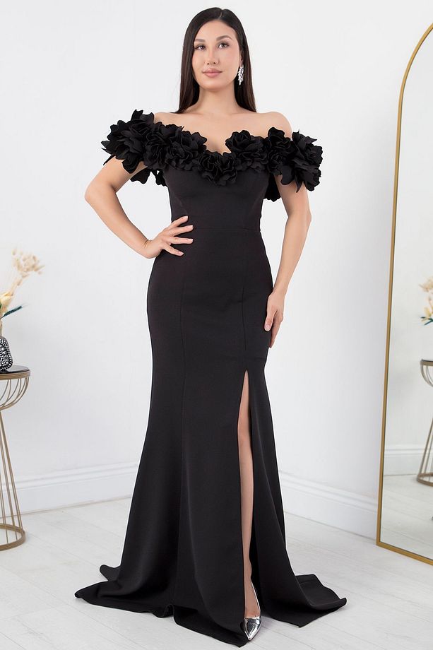 Gül Detaylı Yırtmaçlı Elbise ECR5368 - 5