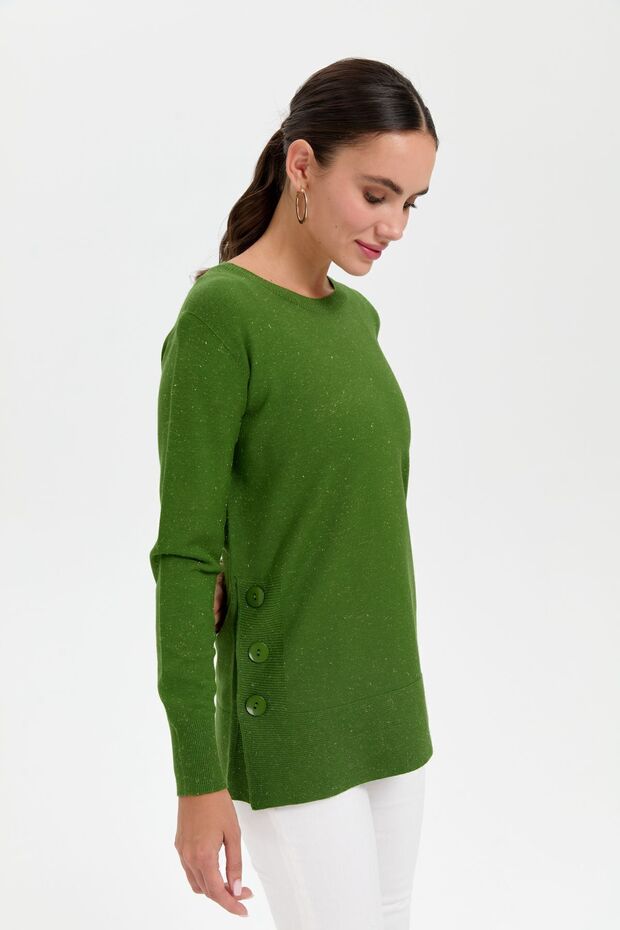 بلوزة لامعة بدون خياطة - رقبة دائرية وأزرار جانبية باللون الأبيض الطحلب - 6